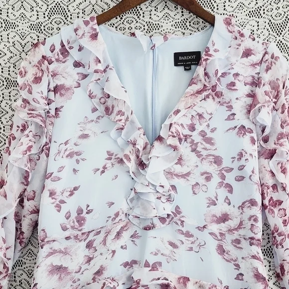 Bardot V neck Floral Long sleeve Ruffle Layer Mini dress 10/ L - Picture 3 of 9